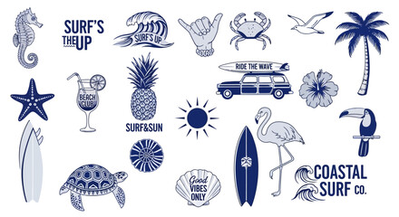 Set of coastal summer surf themed hand drawn illustrations. © Safa_Sekar Madinah