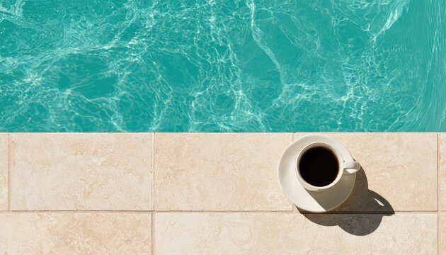 Refreshing coffee beside a bright blue pool on a tiled patio