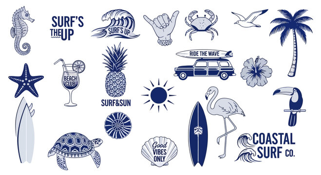 Set of coastal summer surf themed hand drawn illustrations.