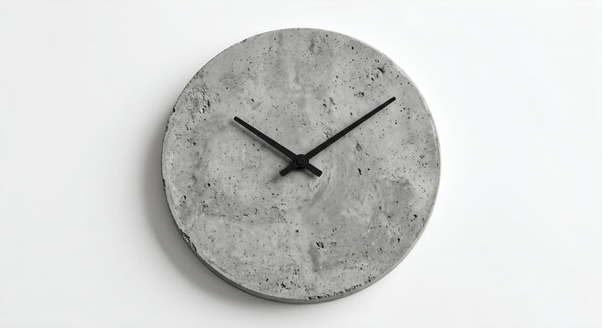 Minimalist round concrete wall clock with black hands on white