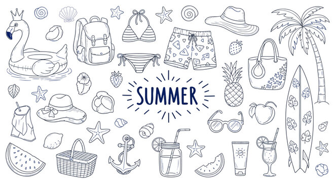 Summer doodle set with beach items and vacation accessories.