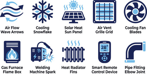 Modern HVAC and heating system icons featuring solar panels welding tools cooling fans and climate controls. © Emongrapic