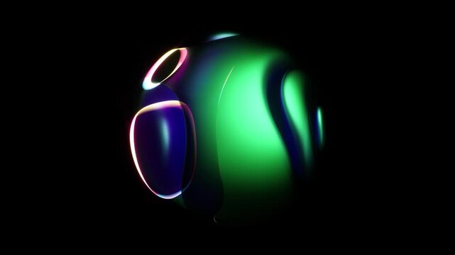3d video animation of surreal mystic alien green ball or sphere sculpture in curved, wavy organic lines forms in deformation process in translucent matte plastic material with neon laser round stripe