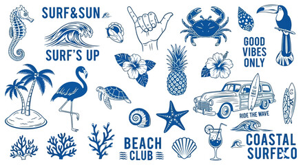 Set of hand drawn blue summer beach and surf icons and elements. © Safa_Sekar Madinah