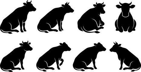Collection of sitting cow silhouettes showcasing cattle in various calm poses for farm graphics © Vecto_Pixels
