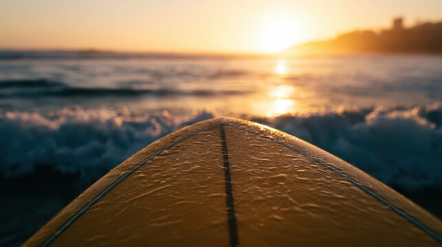 Golden Hour Surf: Ocean Waves Break at Sunset, Wet Yellow Board Ready for Adventure