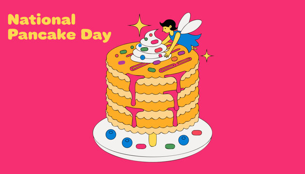 National Pancake Day, colorful pancake stack with fairy, sweet treats, festive dessert