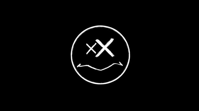 Animated Stop Motion grunge smiley face. White rough paint stroke emoji with X eyes isolated on black.
