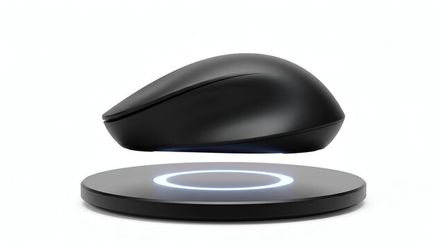 Futuristic levitating black wireless computer mouse over glowing magnetic charging base on white