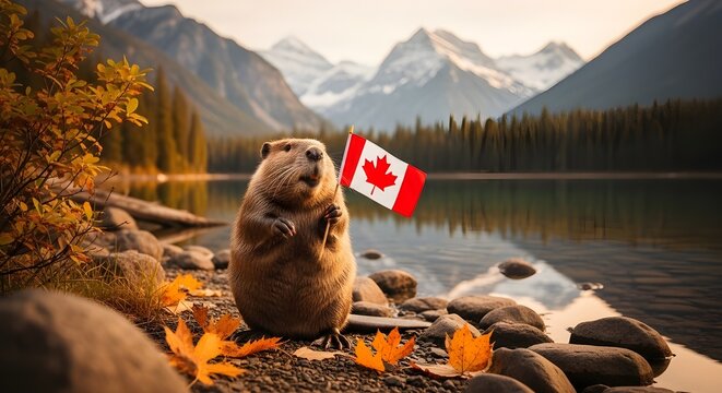 Canadian beaver with national flag scenic landscape autumn foliage and wildlife conservation concept