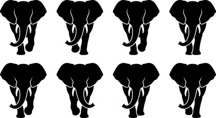 Set of eight elephant head silhouettes isolated on white background for wildlife and safari themed graphic design © Vecto_Pixels