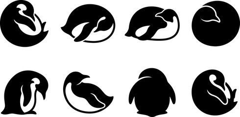 Collection of eight penguin silhouettes in various poses isolated on white background for arctic animal graphics © Vecto_Pixels
