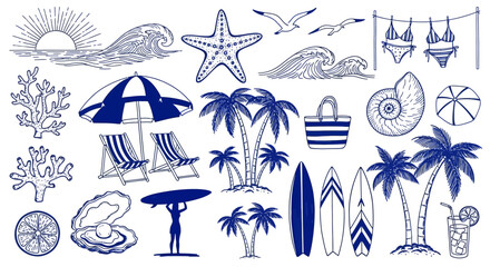 Obraz premium Set of Hand Drawn Summer Vacation and Beach Elements in Blue Sketch Style.