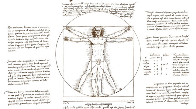 Vitruvian Man illustration depicts human proportions inscribed within a circle and a square on parchment.