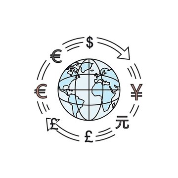 World currencies symbolized by a globe with currency signs.