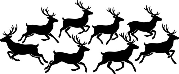 Obraz premium Dynamic herd of deer silhouettes in running and leaping poses for nature and wildlife graphic design elements