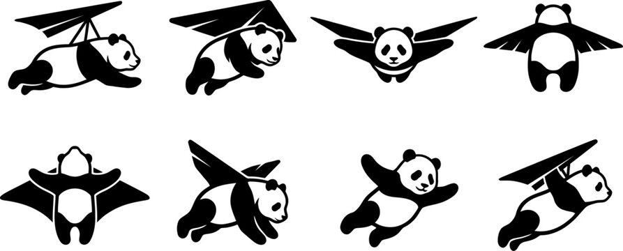 Fun vector set of cute pandas wearing hang gliders and flying through the air as cartoon characters