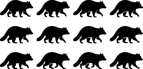 Obraz premium Twelve black raccoon silhouettes in walking pose arranged in a grid for nature and wildlife patterns