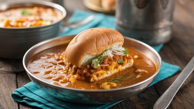 Spicy Indian Misal Pav street food served in a traditional metal bowl on a rustic wooden table.