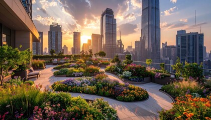 Fototapeta premium Modern city skyline with urban park and skyscrapers at dusk.