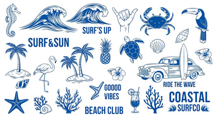 Set of Hand Drawn Blue Coastal and Surfing Elements and Icons. © Safa_Sekar Madinah