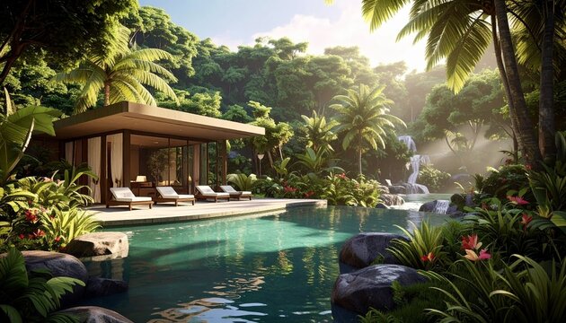 Tropical paradise villa with infinity pool and palm trees.
