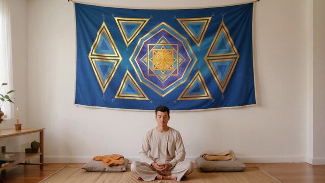 Person practices meditation in a calm indoor space during a quiet afternoon surrounded by soft colors and a large decorative wall hanging depicting astrology, fortune and luck sri yantra