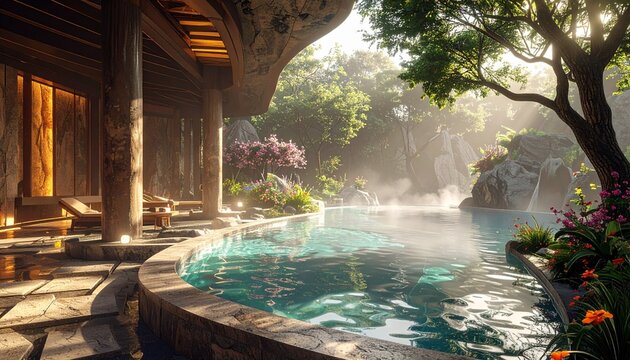 Serene outdoor patio with water fountain and lush greenery.