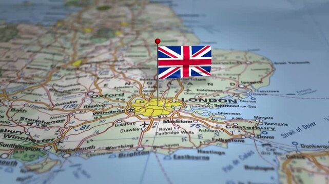3D Animation of United Kingdom Flag Pin on Map of London