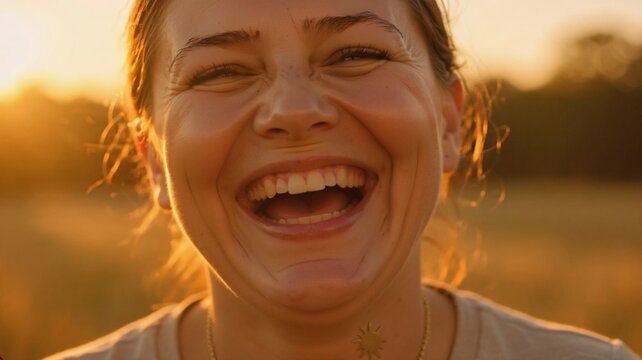 Smiling woman enjoying time outdoors in a field during sunset, capturing a joyful moment depicting astrology, fortune and luck