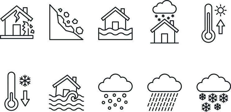 Natural disaster and extreme weather line icons collection featuring flood earthquake and temperature change.