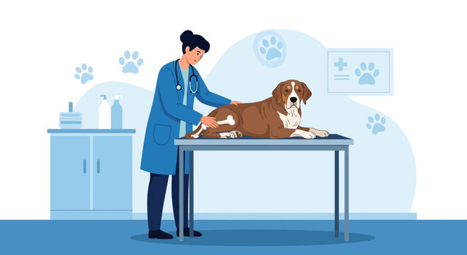 Veterinarian examining a dog on an examination table in a clinic, healthcare concept