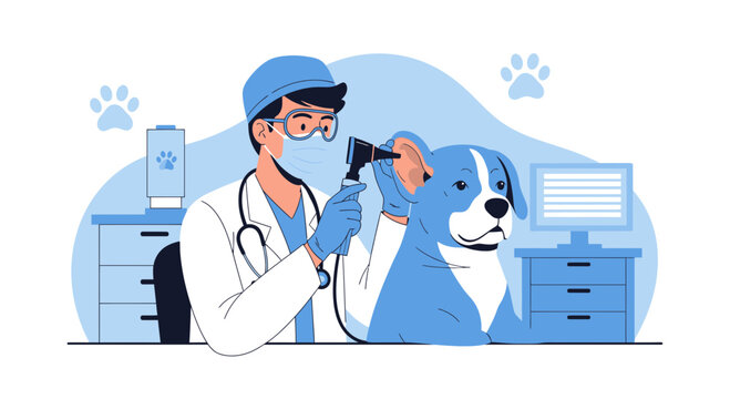 Veterinarian examining dog's ear with otoscope in clinic, close-up, medical examination
