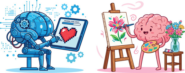 Robot and brain illustration showing artificial intelligence and human creativity working together in technology and art concept artwork © Sumi