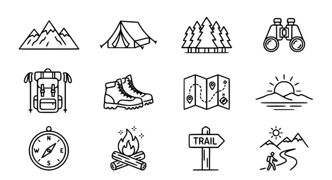 Adventure and trekking outline icon set vector illustration