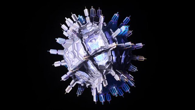 3d render of abstract art of a surreal alien star object based on geometry figures as cubes triangles with neon glowing elments in deformation rotation motion on black background