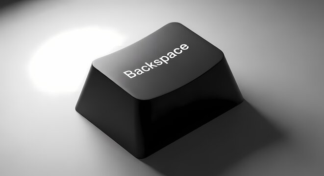 Black computer keyboard key with backspace text on white background, delete concept