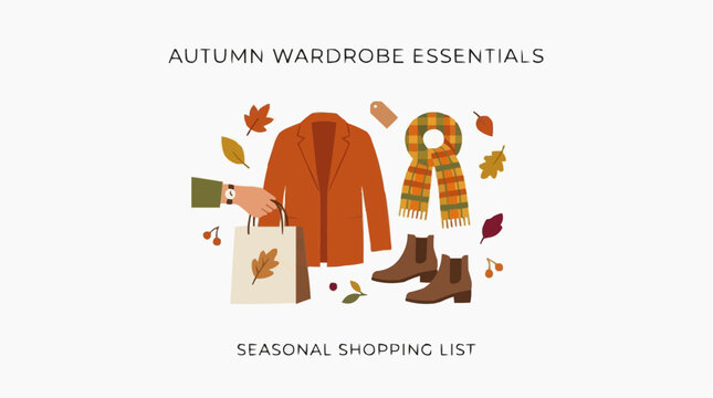 minimalist 2d flat illustration of Autumn Wardrobe Essentials Seasonal Shopping List, featuring an orange coat, striped scarf, brown boots, shopping bag, and autumn leaves