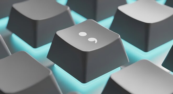Close up of a computer keyboard key with a semicolon symbol for coding and programming