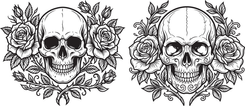Black silhouette vector illustration of human skulls with blooming roses on a white background skeleton silhouette