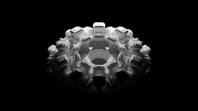 3d render video animation of black and white monochrome alien fractal object based on geometric figures as cubes, triangles, and pyramids, in white glossy ceramic material on a black background 