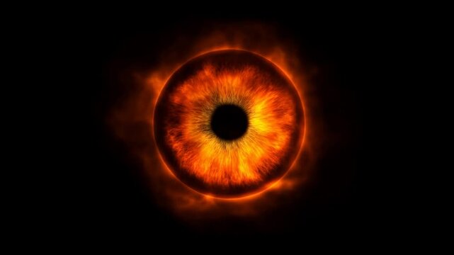 Fiery eye orb pulsating in darkness with eerie glow animation