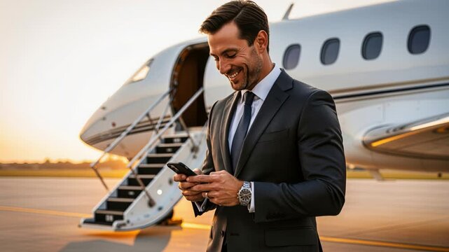 Businessman in morning attire checks phone beside private jet runway