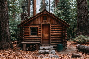 Naklejka premium Charming Rustic Hunting Lodge Nestled Among Towering Pines and Warm Earth Tones, Inviting Adventurers to Embrace Nature's Splendor