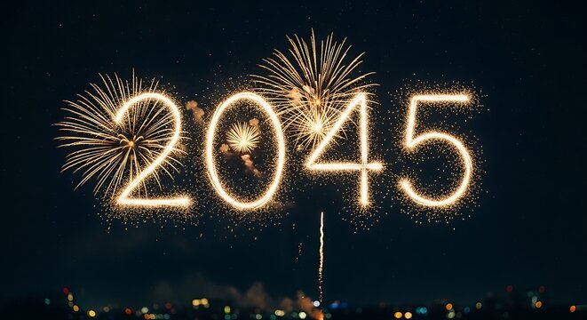 Year 2045 written with bright colorful fireworks