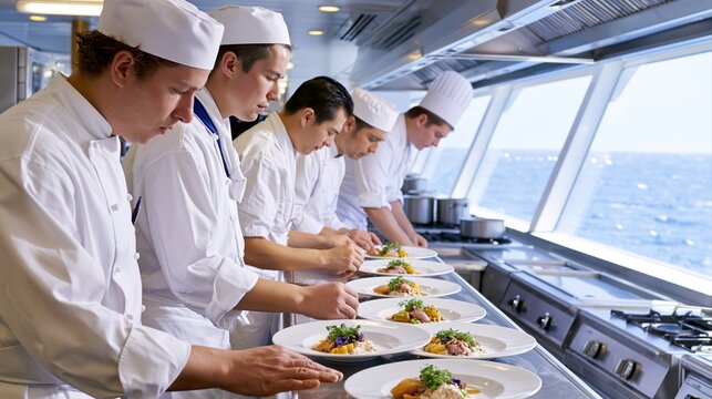 Chefs Plating Food on Cruise Ship Kitchen