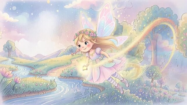 Cute watercolor illustration of a little fairy with a flower crown waving a magic wand leaving a golden sparkle trail in an enchanted forest meadow