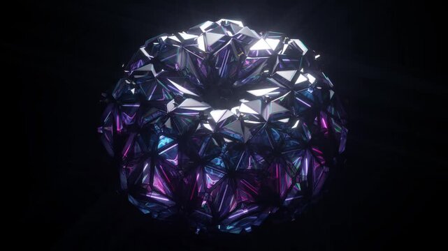 3d render video of abstract art of surreal futuristic computer 3d fractal transformed cube based on geometry polygon triangles in glass plastic material in rainbow spectrum gradient color with neon la