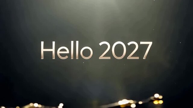 Hello 2027 golden text with sparkling light effects on a dark background