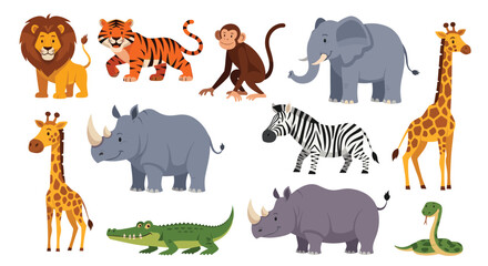 Obraz premium Educational set of cartoon wild animals from the savannah and jungle including a lion tiger elephant giraffe rhino and zebra.